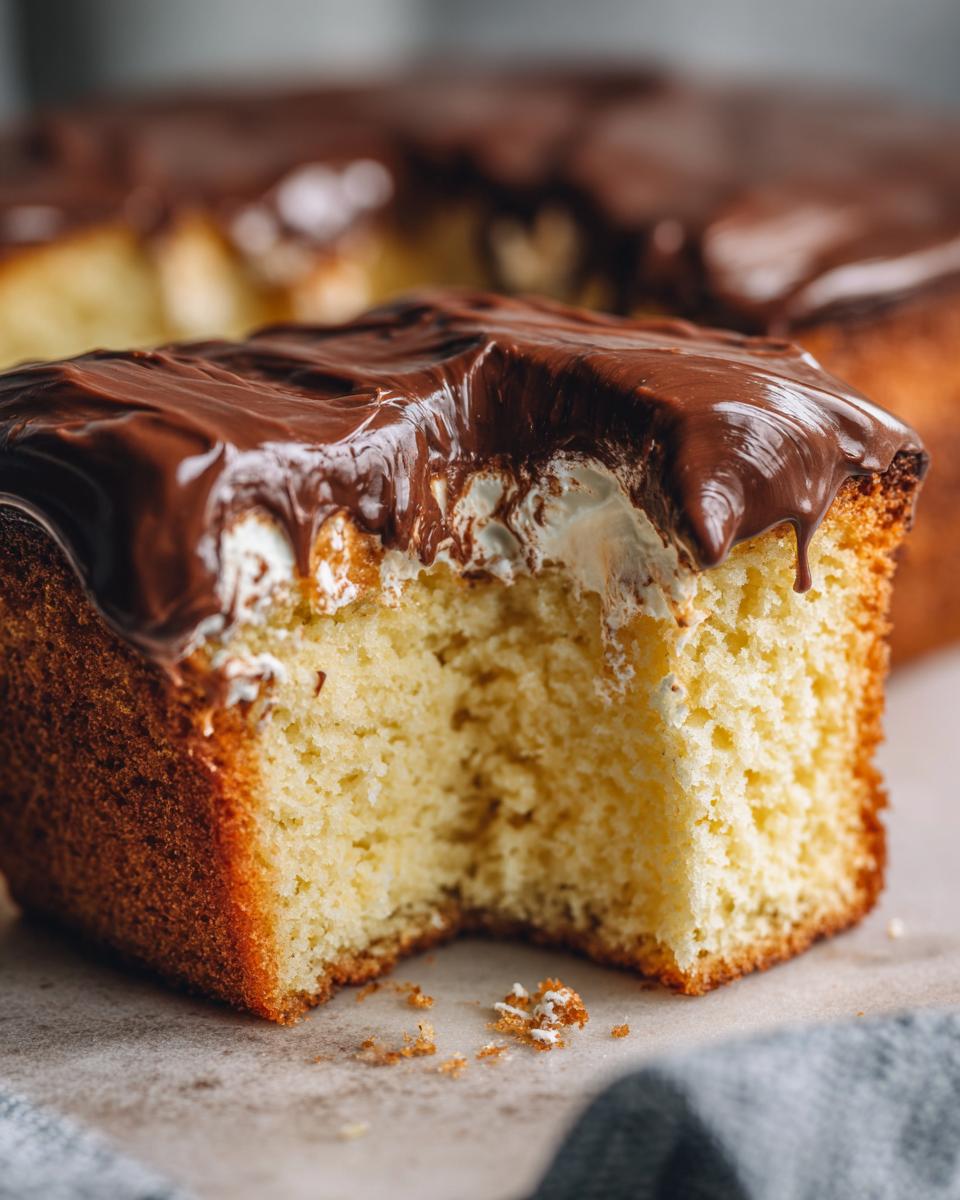 A close-up shot of a square slice of boston cream pie poke cake showing the moist yellow cake, creamy filling, and rich chocolate glaze.