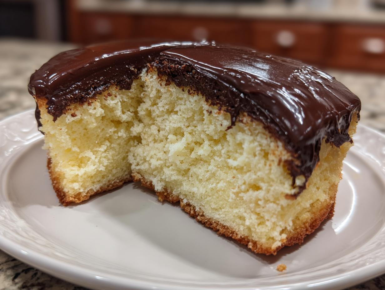 A close-up of a slice of moist boston cream pie poke cake with rich chocolate ganache topping.