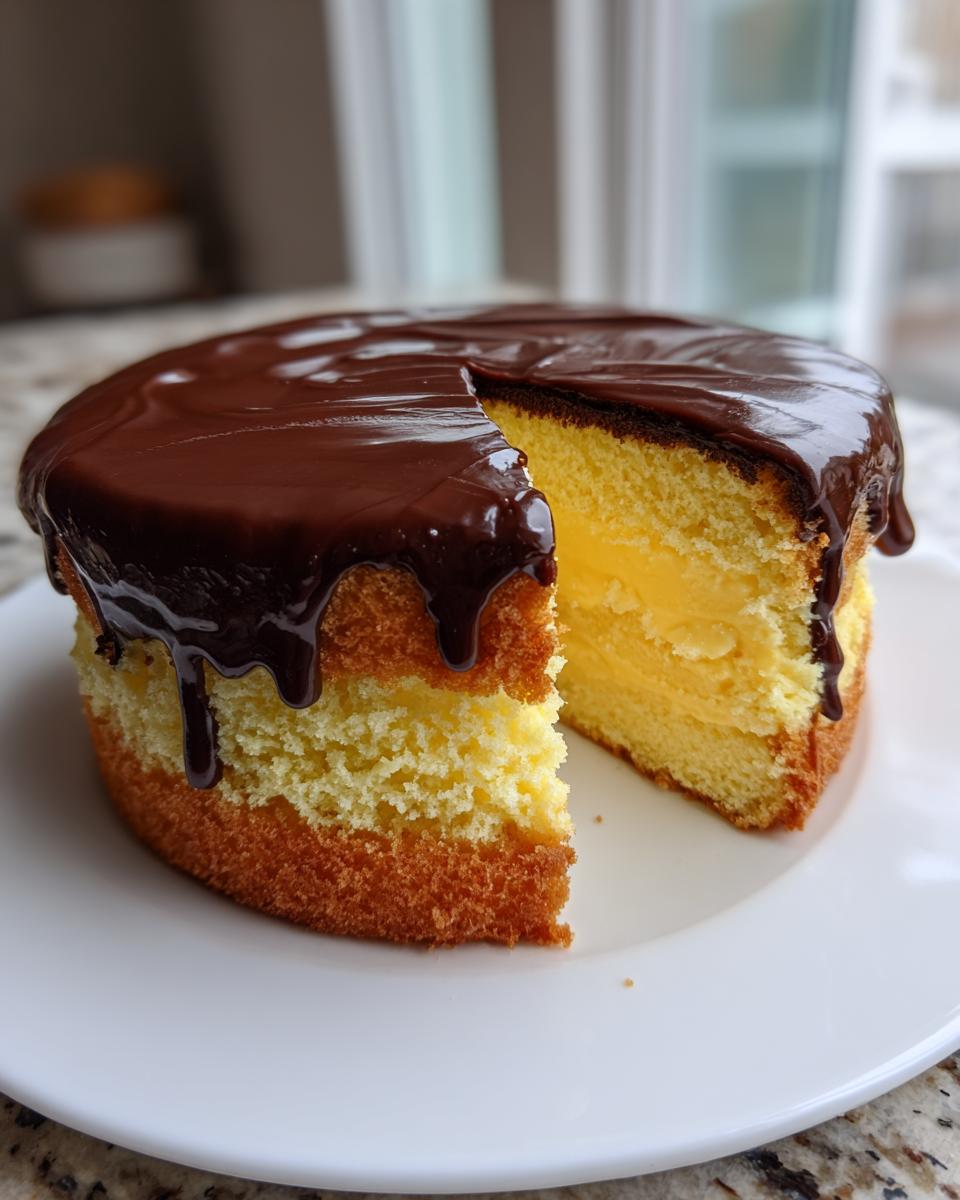 A slice removed from a homemade boston cream pie showing yellow cake, vanilla custard filling, and dripping chocolate ganache.
