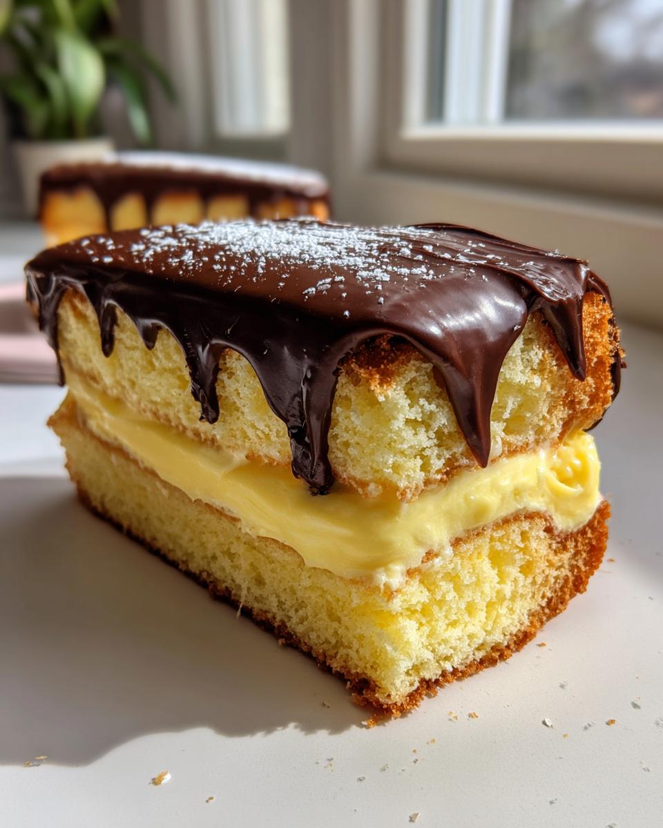 Close-up of a rectangular slice of boston cream pie showing yellow cake, thick pastry cream, and dripping chocolate ganache.