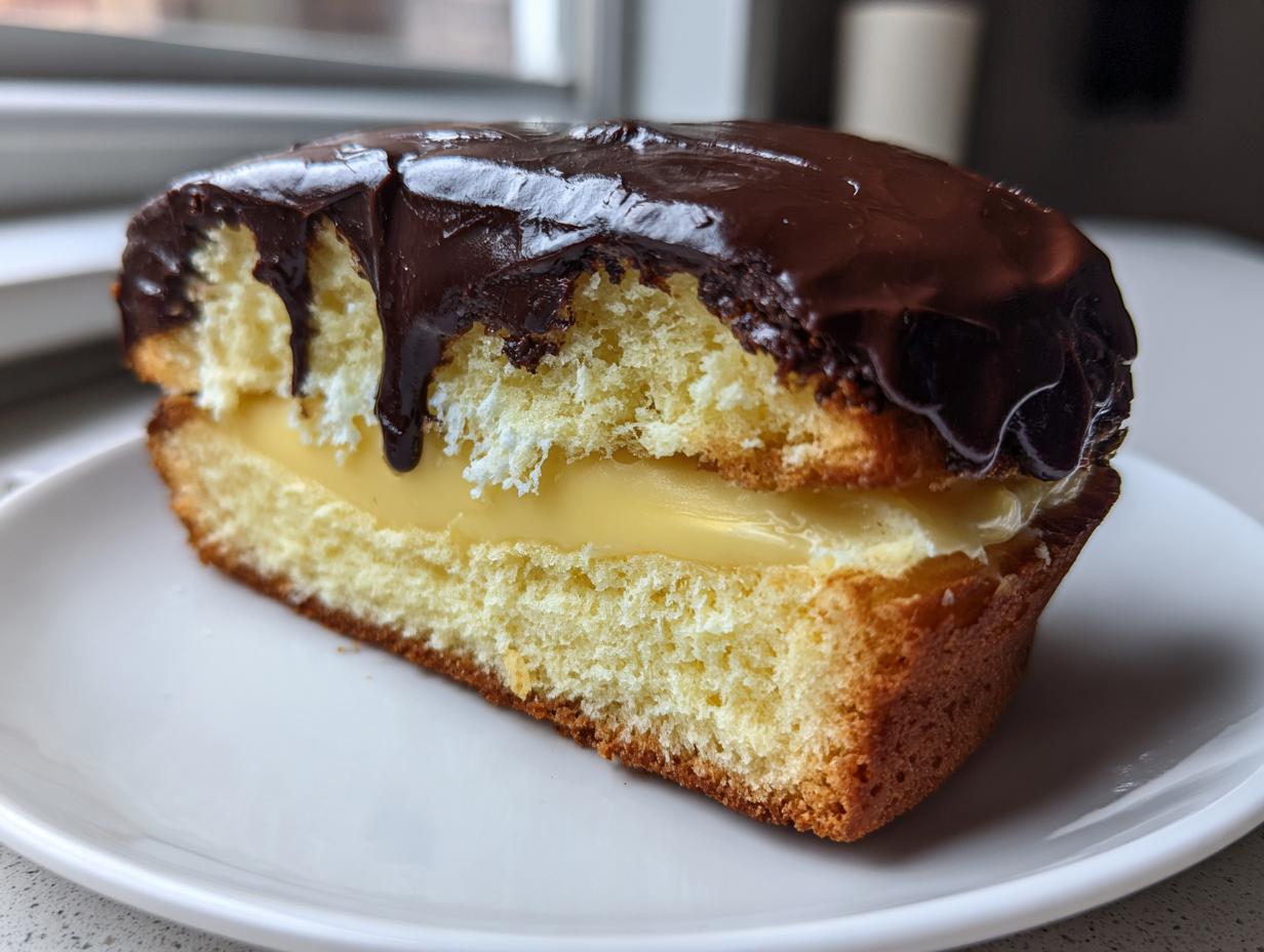 Close-up of a slice of boston cream pie showing sponge cake, pastry cream filling, and chocolate ganache topping.