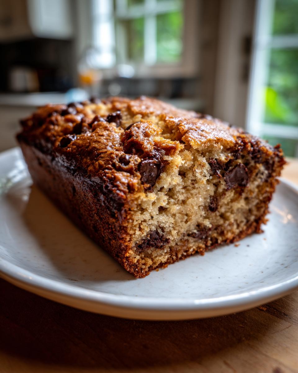 Close-up of a moist slice of brown butter chocolate chip banana bread on a white plate.
