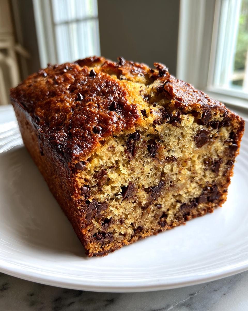Close-up of a moist slice of brown butter chocolate chip banana bread on a white plate.