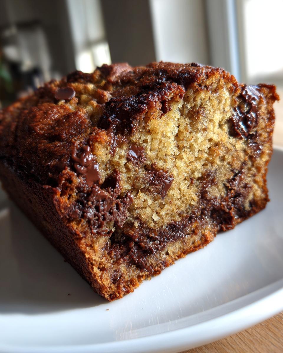 Close-up of a moist slice of brown butter chocolate chip banana bread on a white plate.