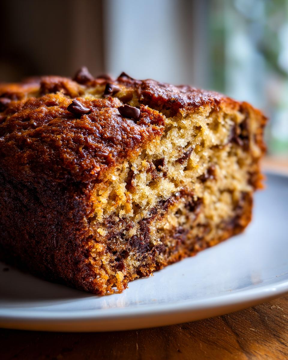 Close-up of a moist slice of brown butter chocolate chip banana bread with a dark, caramelized crust.