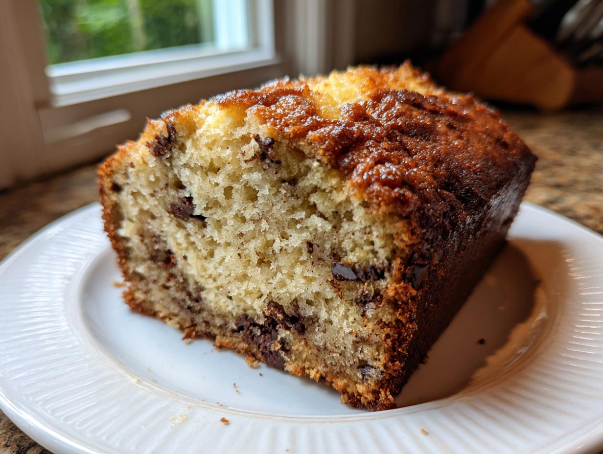 A close-up of a moist slice of brown butter chocolate chip banana bread on a white plate.
