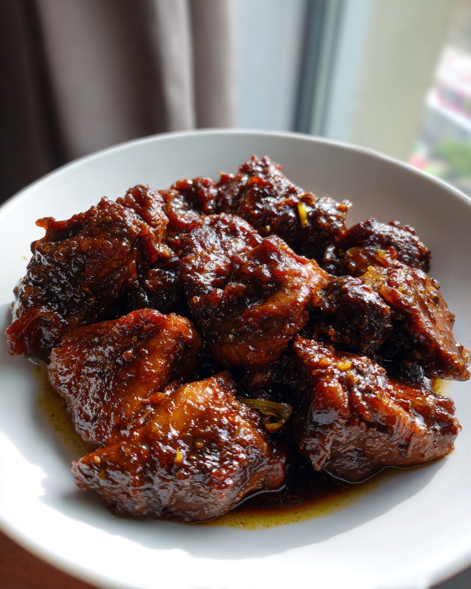 Close-up of tender pieces of brown stew chicken coated in a thick, glossy, dark sauce served in a white bowl.