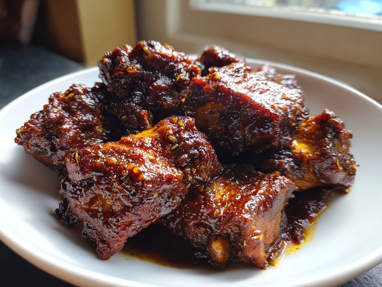 Close-up of tender pieces of brown stew chicken coated in a thick, dark, glossy sauce.
