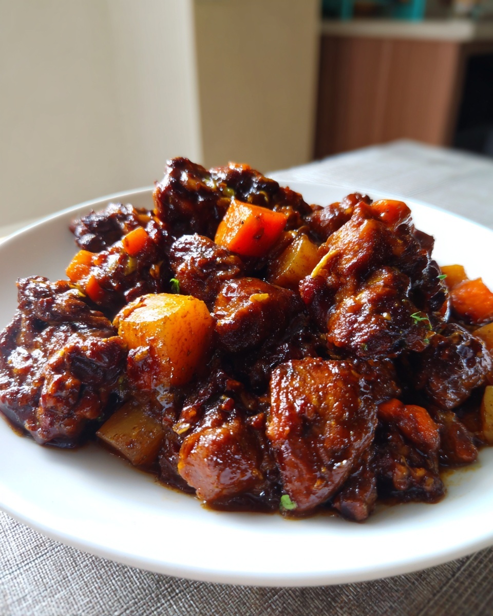Close-up of rich, dark brown stew chicken jamaican crock pot served with chunks of carrots and potatoes on a white plate.