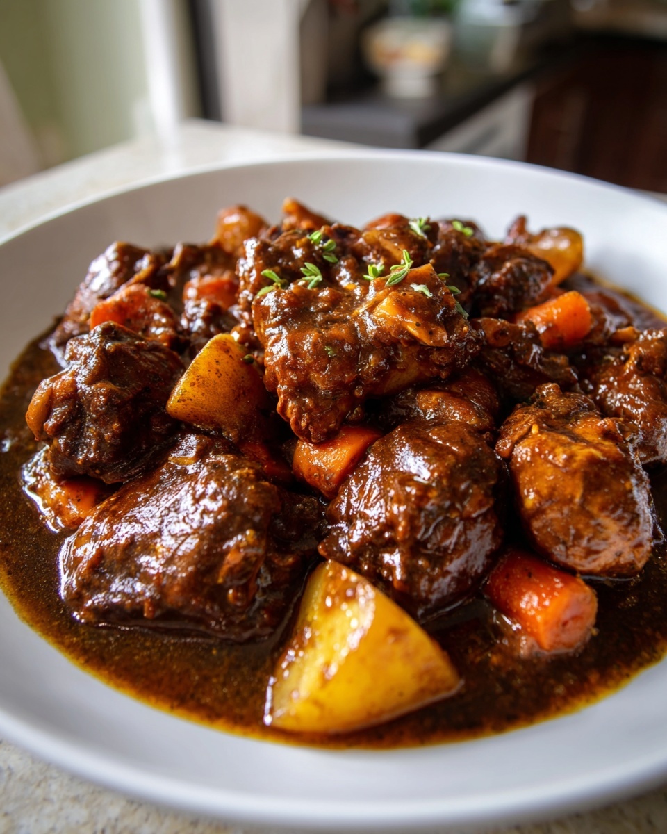 Close-up of rich, dark brown stew chicken jamaican crock pot served with potatoes and carrots.