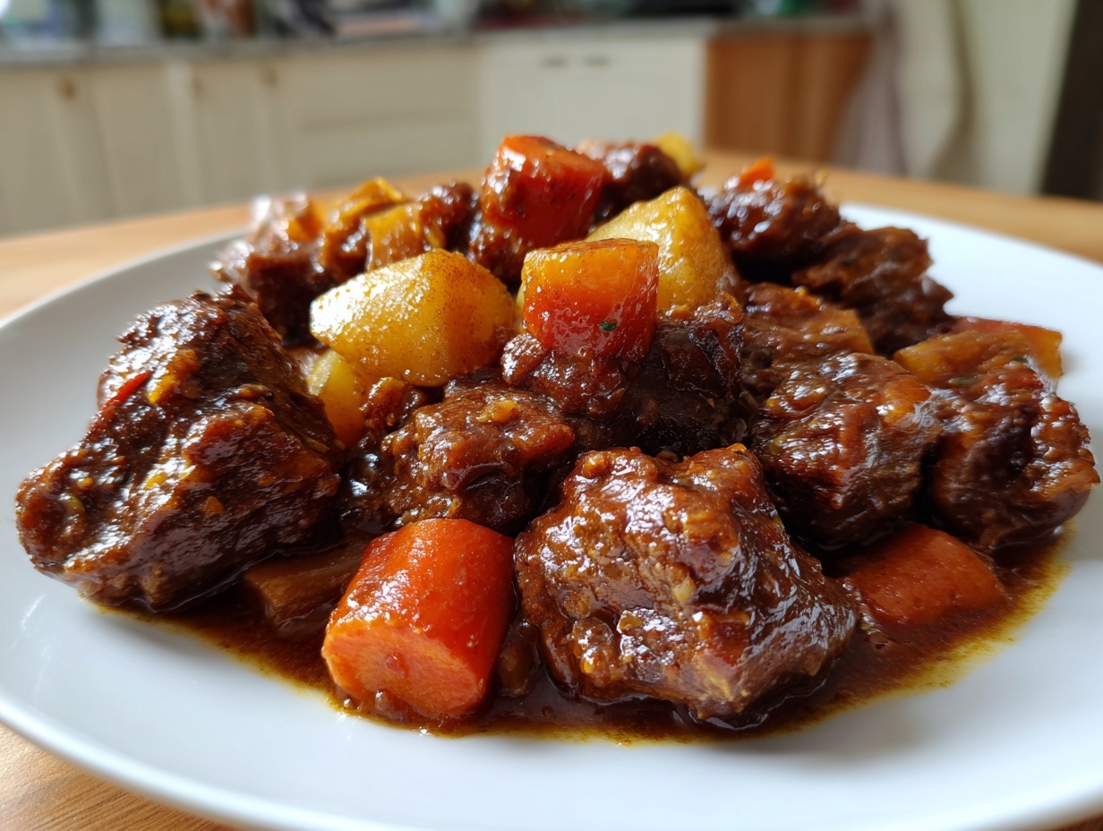 A close-up of rich, dark brown stew chicken jamaican crock pot served with chunks of carrots and potatoes on a white plate.