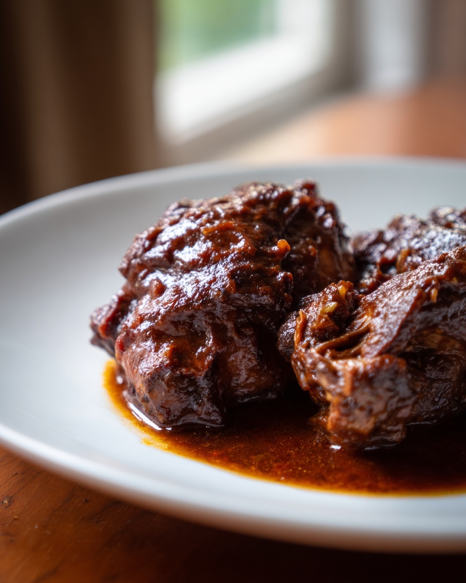 Close-up of rich, dark pieces of brown stew chicken jamaican recipe served in a savory sauce on a white plate.
