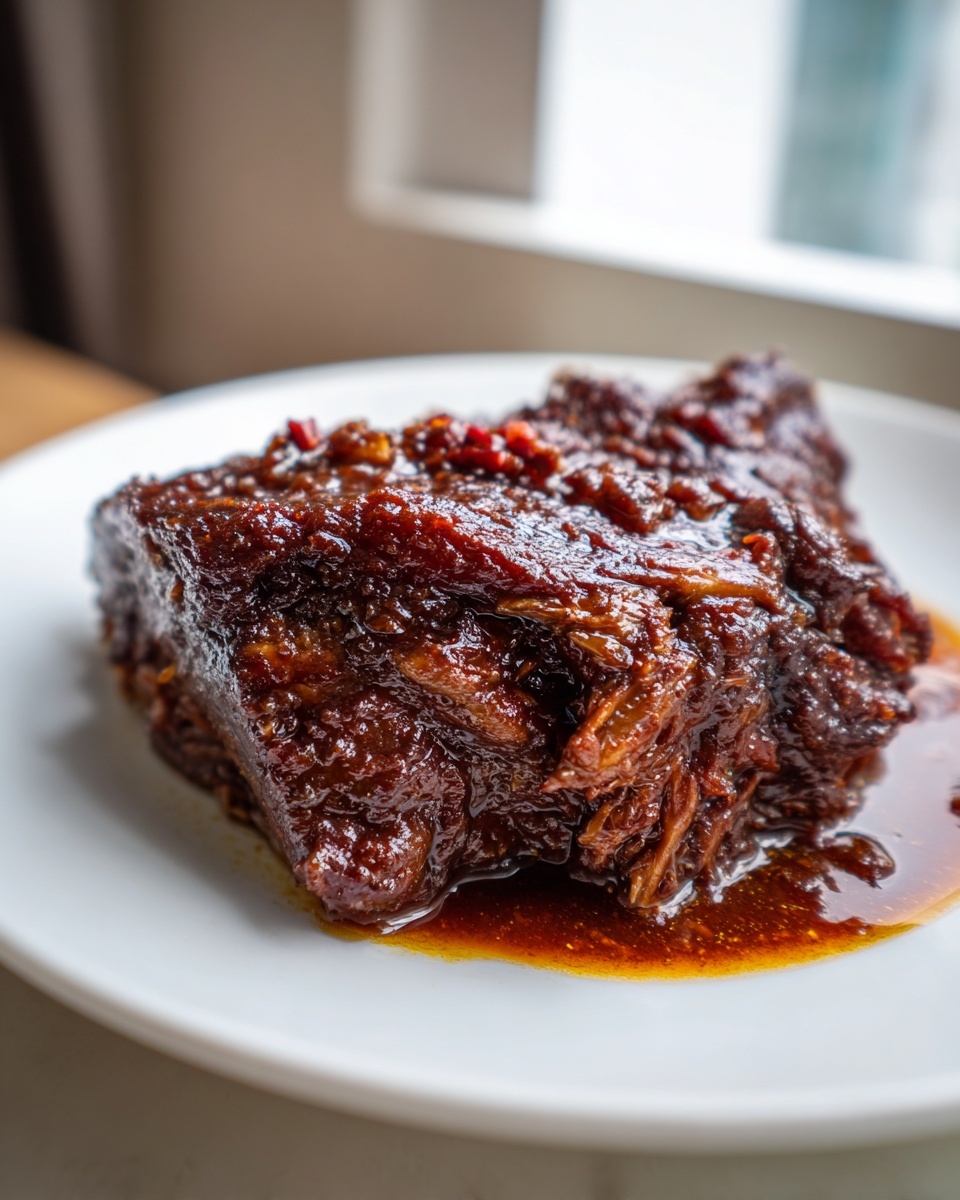 Close-up of a piece of deeply caramelized brown stew chicken jamaican recipe on a white plate.