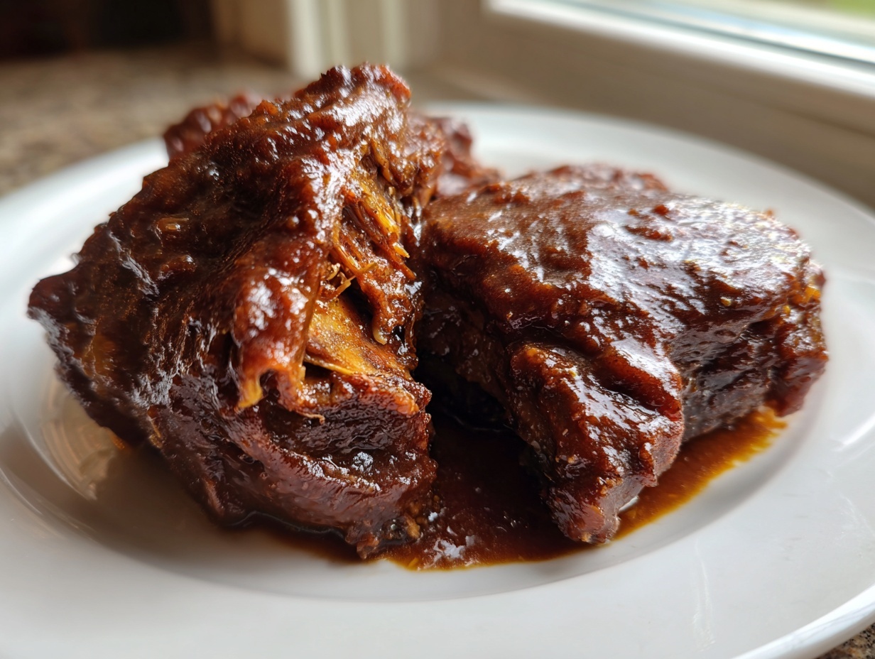 Close-up of two pieces of dark, glossy brown stew chicken jamaican recipe coated in thick sauce on a white plate.