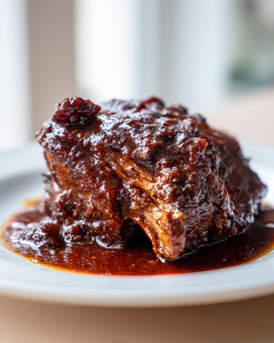 Close-up of a piece of tender brown stew chicken jamaican recipe coated in thick, dark, glossy sauce.