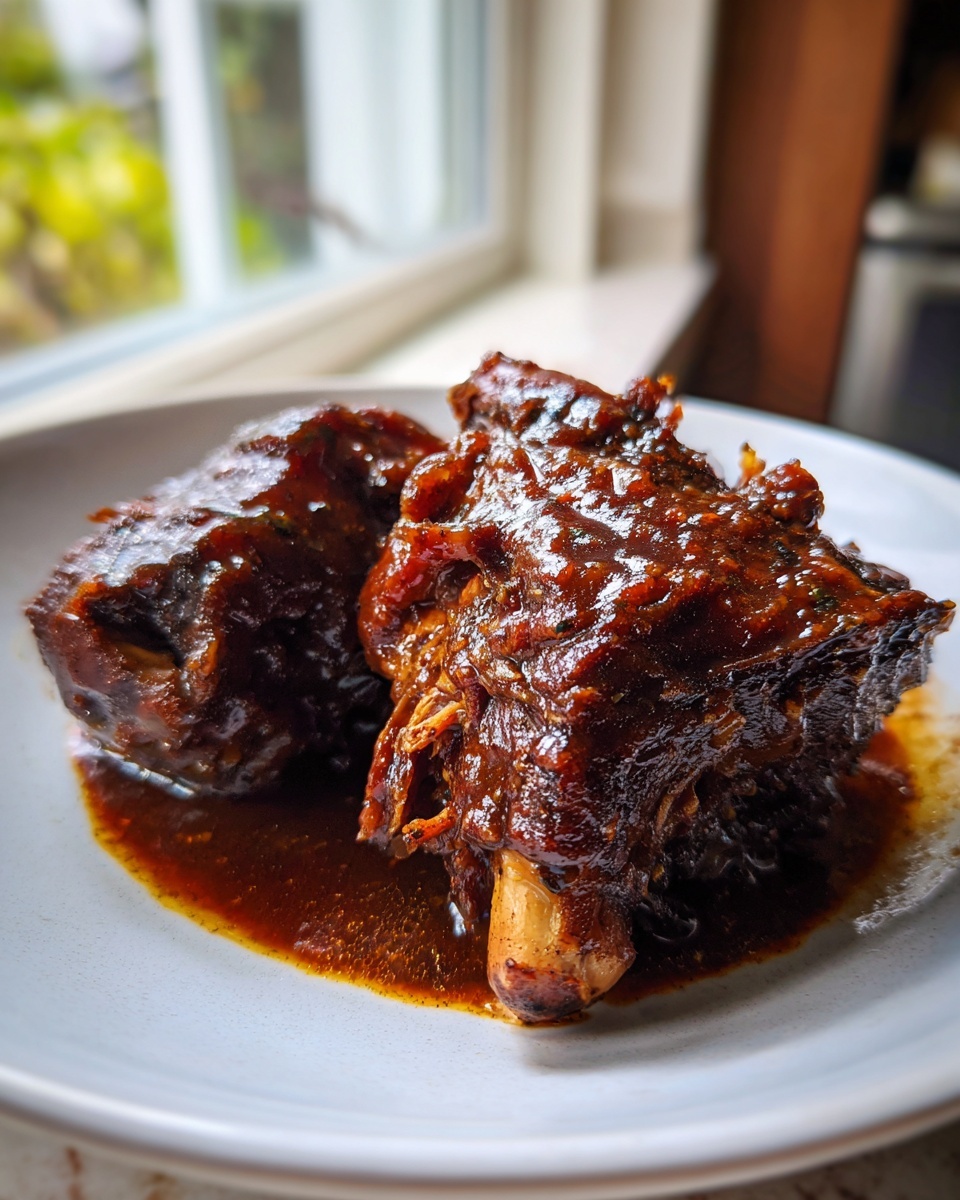 Two pieces of rich, dark brown stew chicken jamaican recipe served in a light bowl with savory sauce.