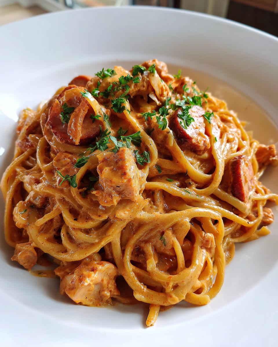Close-up of a creamy cajun chicken and sausage pasta dish garnished with fresh parsley.