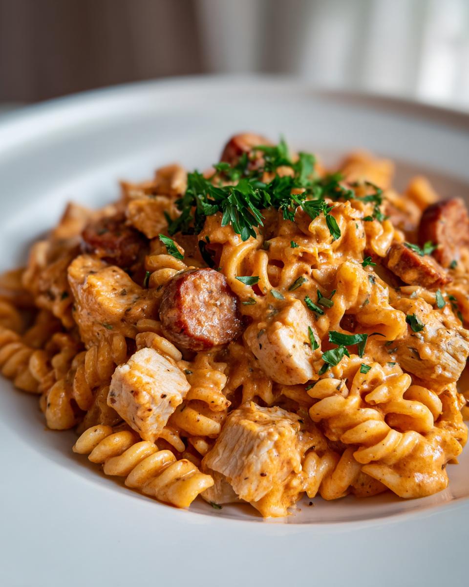 A close-up of creamy Cajun chicken and sausage pasta, featuring rotini pasta, diced chicken, and sliced sausage, garnished with parsley.