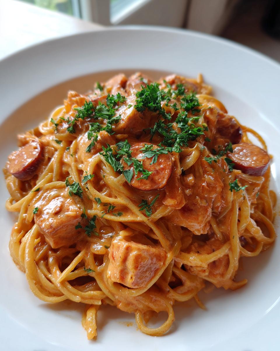 A close-up of creamy cajun chicken and sausage pasta tossed in a rich, orange sauce and topped with fresh parsley.