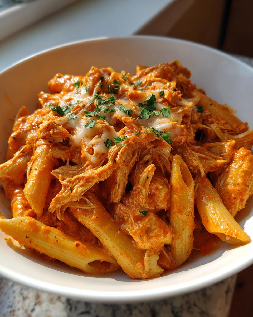 A close-up of a white bowl filled with creamy cajun chicken pasta crockpot, topped with melted mozzarella and fresh parsley.