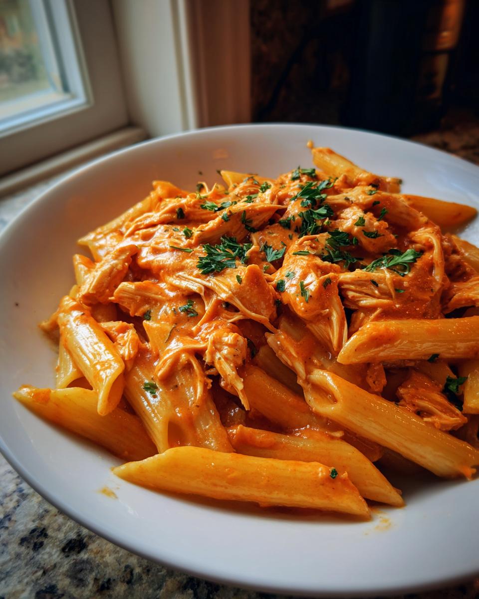 Close-up of a white bowl filled with creamy cajun chicken pasta crockpot, topped with shredded chicken and fresh parsley.