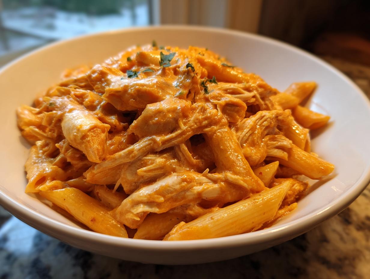 Close-up of creamy, orange-sauced cajun chicken pasta crockpot with shredded chicken and penne pasta.