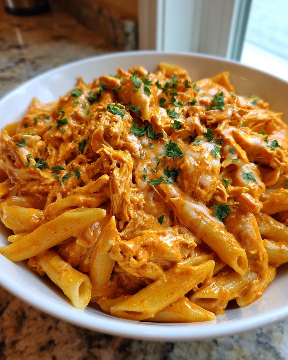 Close-up of creamy, orange-sauced cajun chicken pasta crockpot with shredded chicken and parsley garnish.