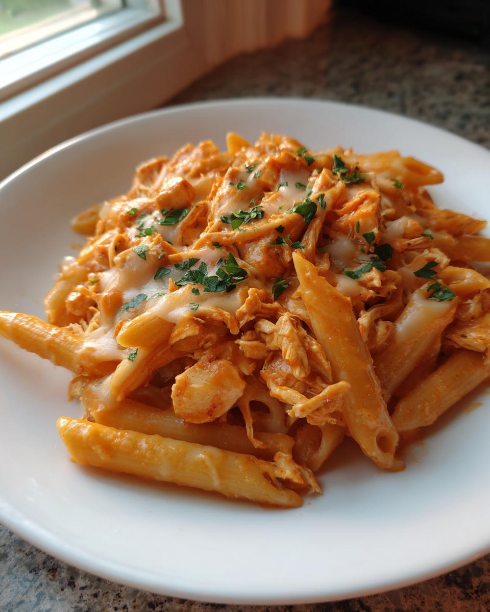 A close-up of a serving of creamy cajun chicken pasta crockpot topped with melted white cheese and fresh parsley.