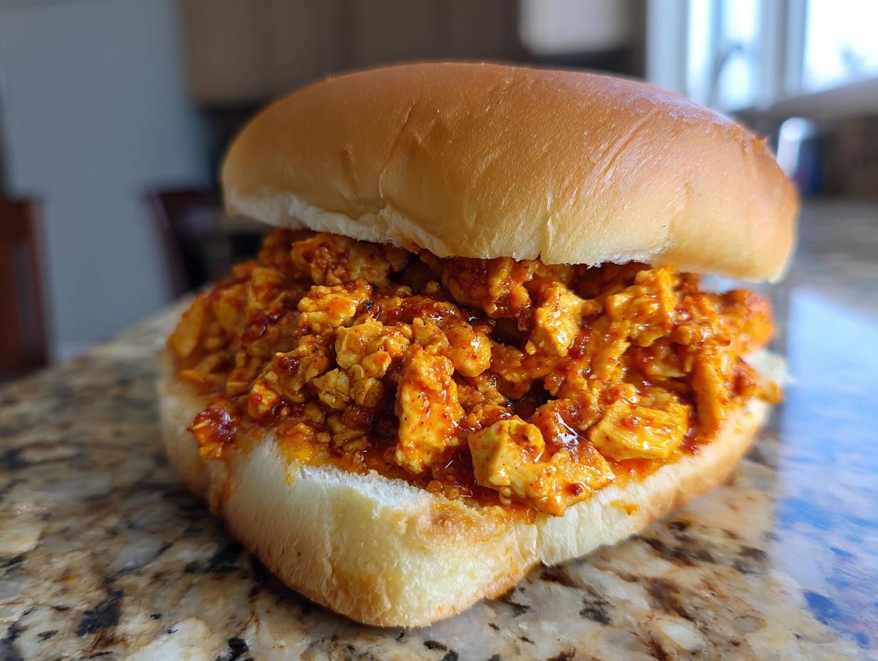A close-up photo of a hearty Cajun chicken sloppy joes filling served on a soft, toasted bun.