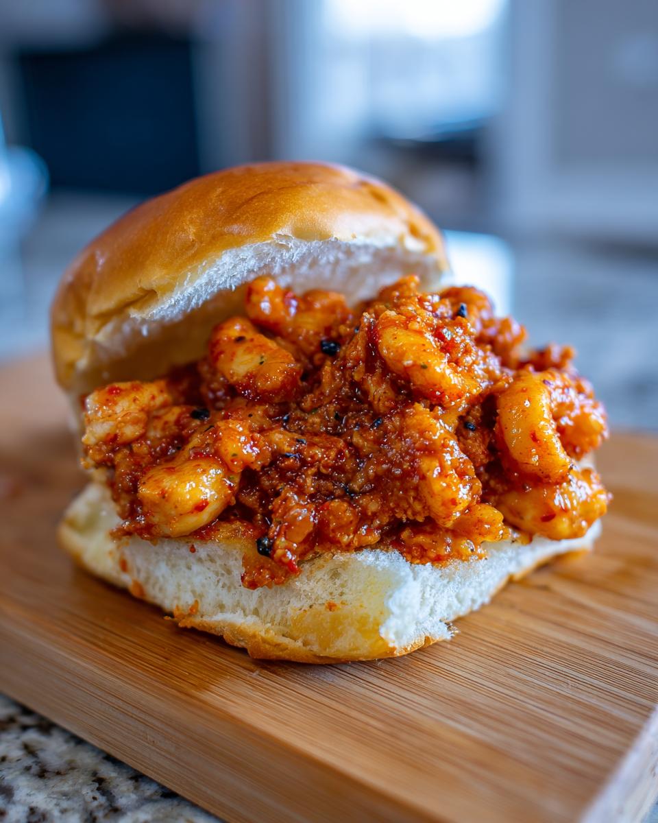 Close-up of a messy Cajun chicken sloppy joes filling piled high on a soft, toasted bun.