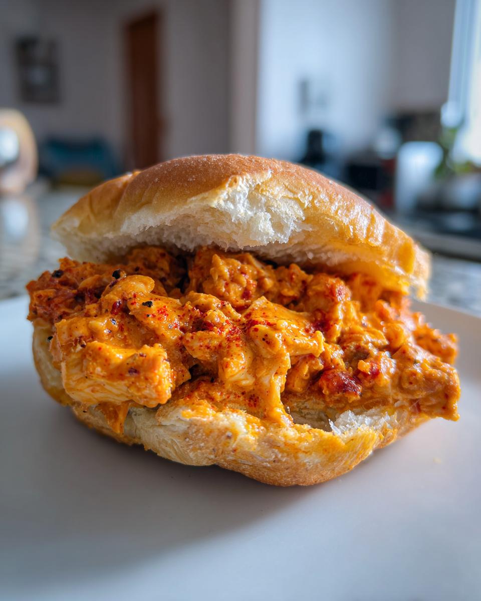 A close-up of a hearty Cajun chicken sloppy joes filling served on a soft white bun, sprinkled with paprika.