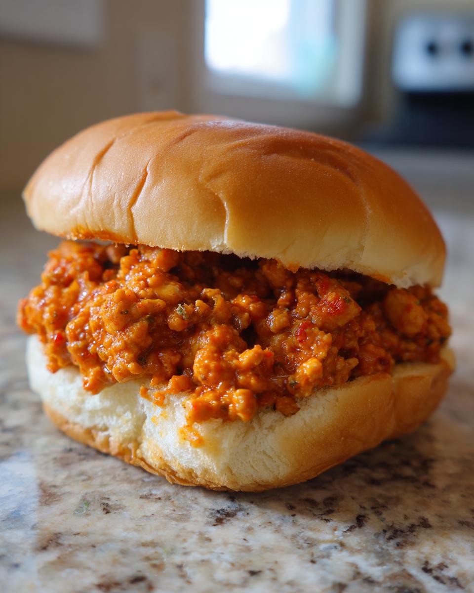A close-up of a soft bun overflowing with saucy, orange-red Cajun chicken sloppy joes mixture.
