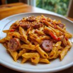 Close-up of creamy cajun kielbasa pasta featuring penne noodles and sliced, seared sausage on a white plate.