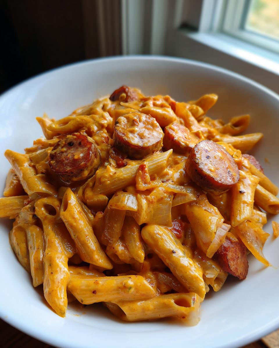 Close-up of creamy cajun kielbasa pasta featuring penne, sliced sausage, and onions in a white bowl.