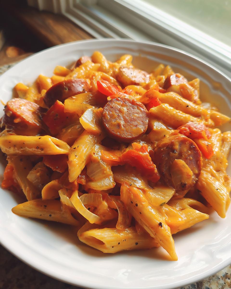 Close-up of a creamy cajun kielbasa pasta dish with penne, sausage slices, onions, and tomatoes.