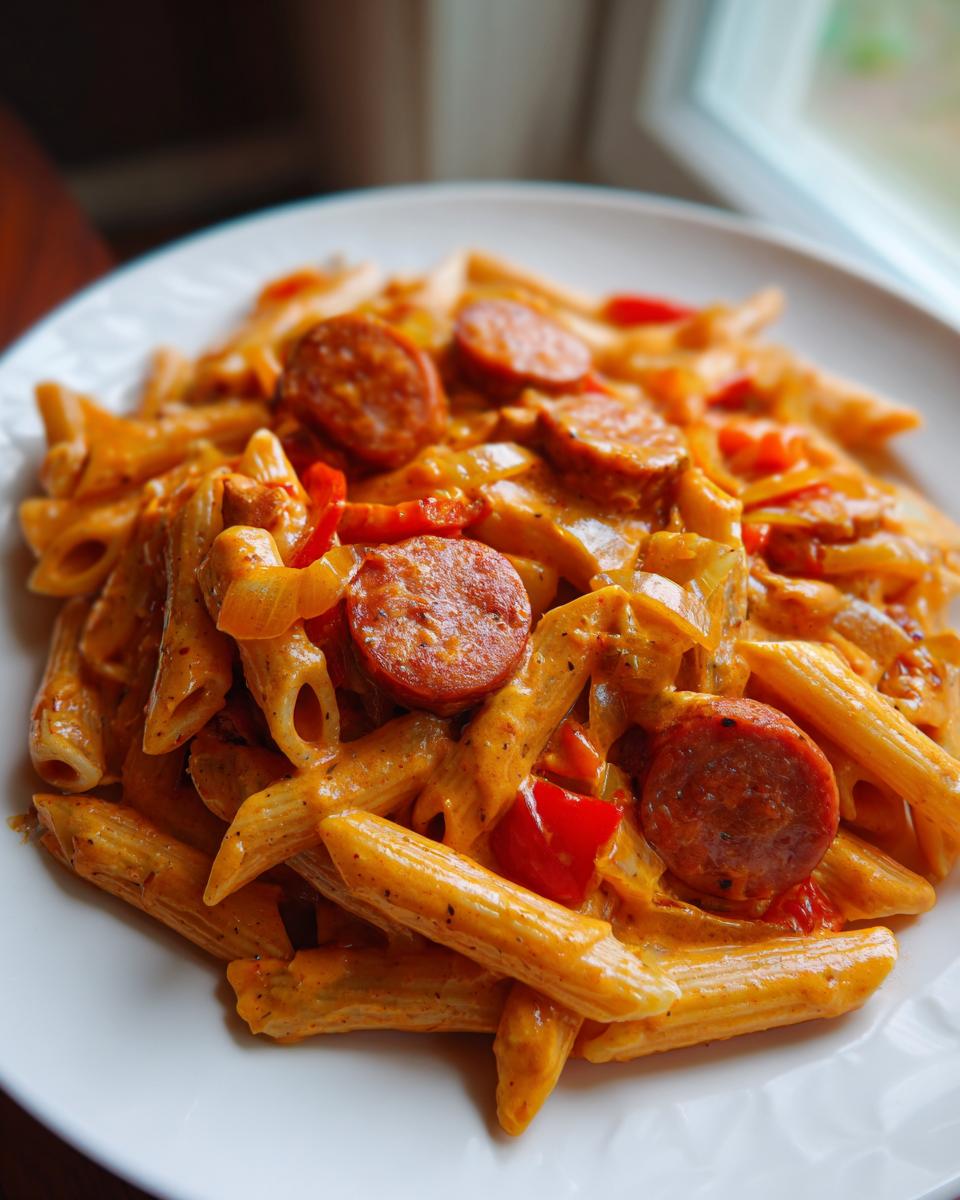 A close-up of amazing cajun kielbasa pasta featuring penne coated in a creamy sauce with sliced sausage and peppers.