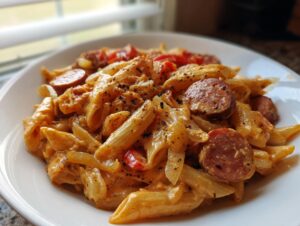 Close-up of a white plate filled with creamy cajun kielbasa pasta, penne, onions, and seasoned sausage slices.