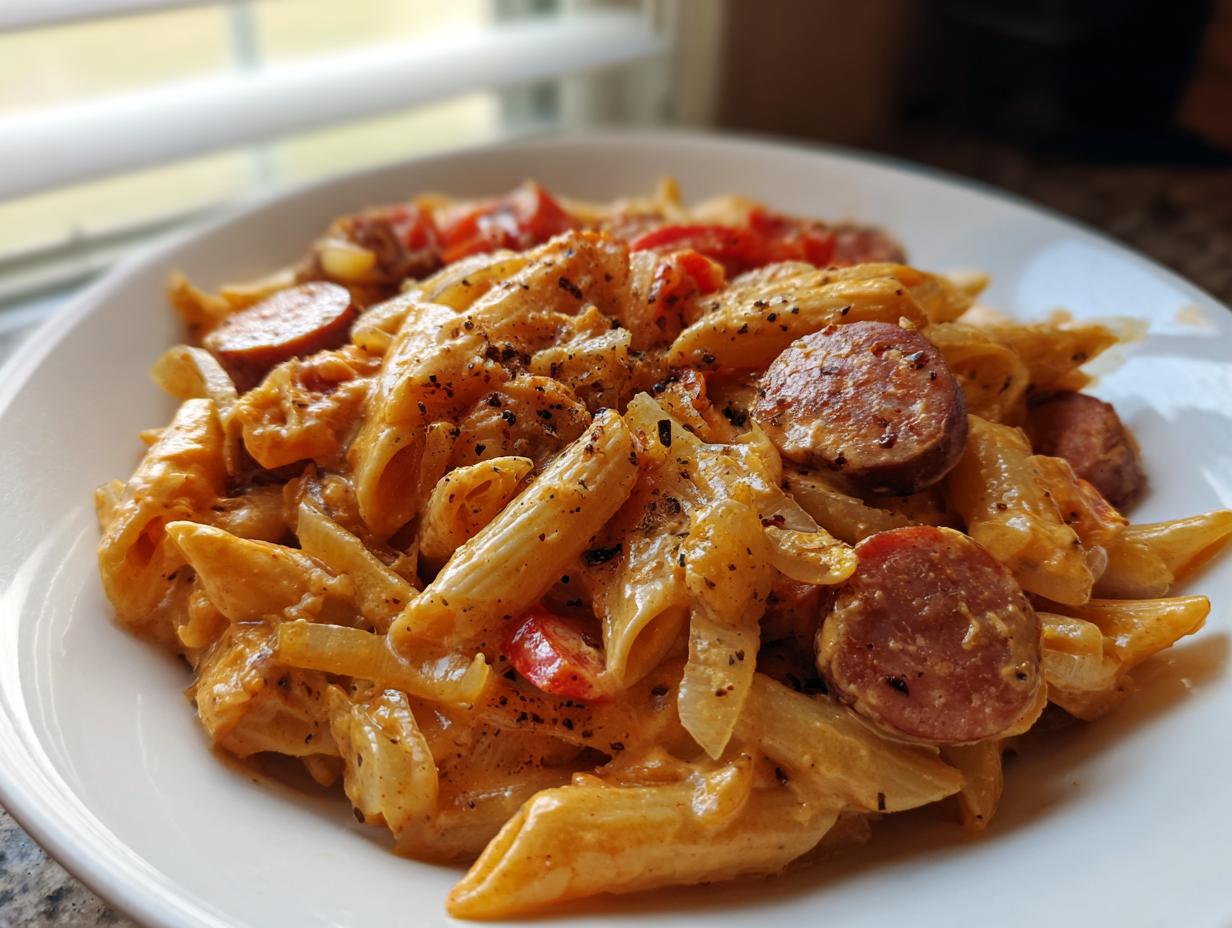 Close-up of a white plate filled with creamy cajun kielbasa pasta, penne, onions, and seasoned sausage slices.