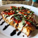 Close-up of a serving of Caprese Chicken topped with melted mozzarella, tomato slices, basil, and balsamic glaze.