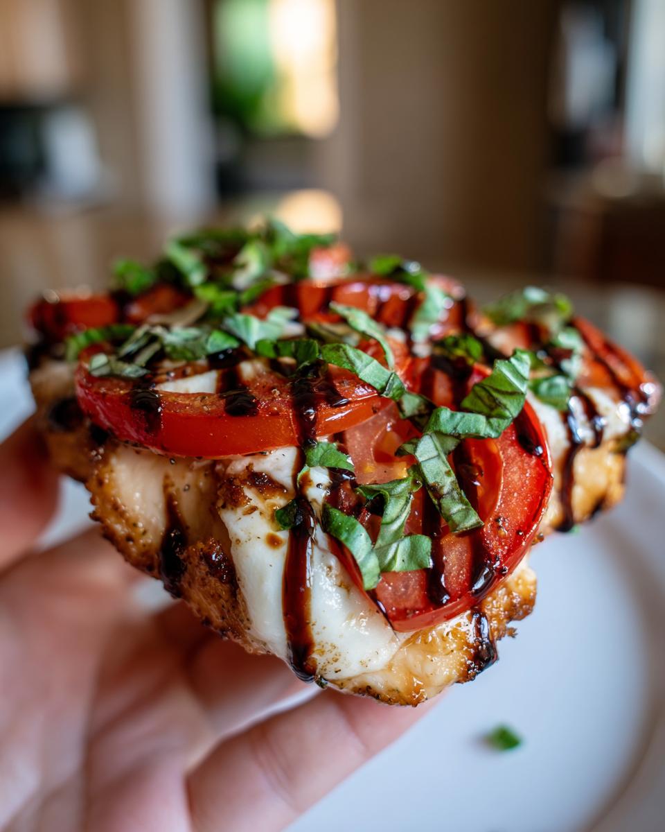 A hand holding a piece of juicy Caprese chicken topped with melted mozzarella, tomato slices, basil, and balsamic glaze.