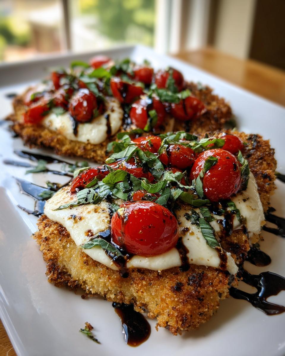 Two breaded caprese chicken cutlets topped with melted mozzarella, cherry tomatoes, basil, and balsamic glaze.