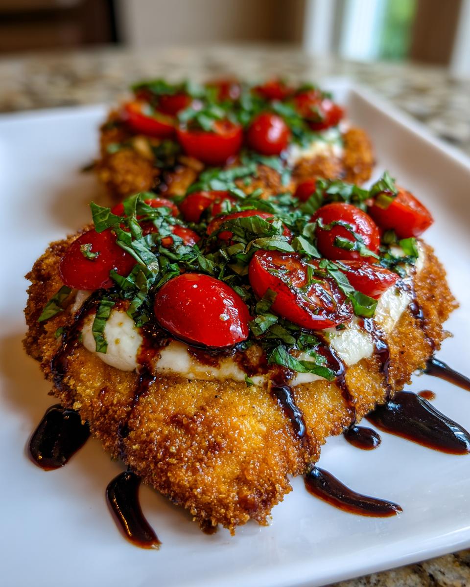 Two golden brown caprese chicken cutlets topped with fresh mozzarella, cherry tomatoes, basil, and balsamic glaze.