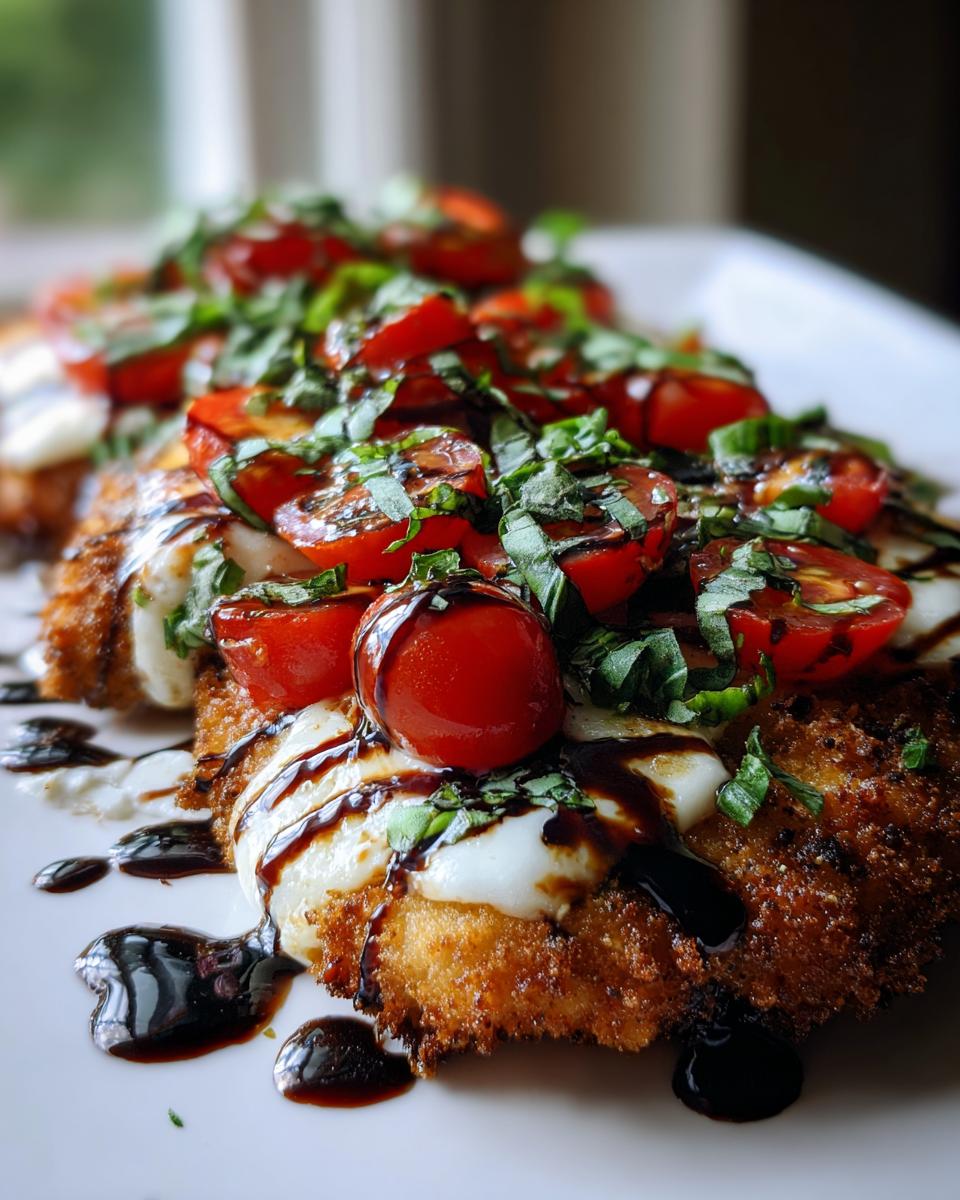 Close-up of a crispy, breaded caprese chicken cutlets topped with melted mozzarella, halved cherry tomatoes, and basil.