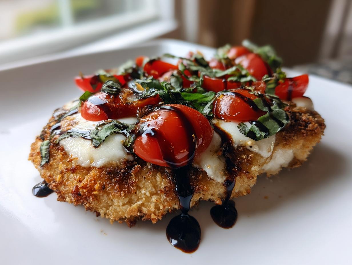 Close-up of a crispy, breaded caprese chicken cutlets topped with melted mozzarella, cherry tomatoes, and basil.