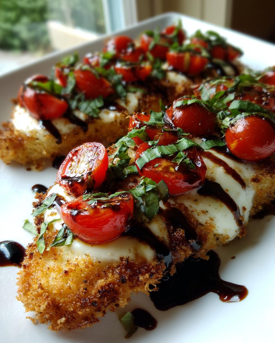 Close-up of crispy, breaded caprese chicken cutlets topped with melted mozzarella, cherry tomatoes, and basil.