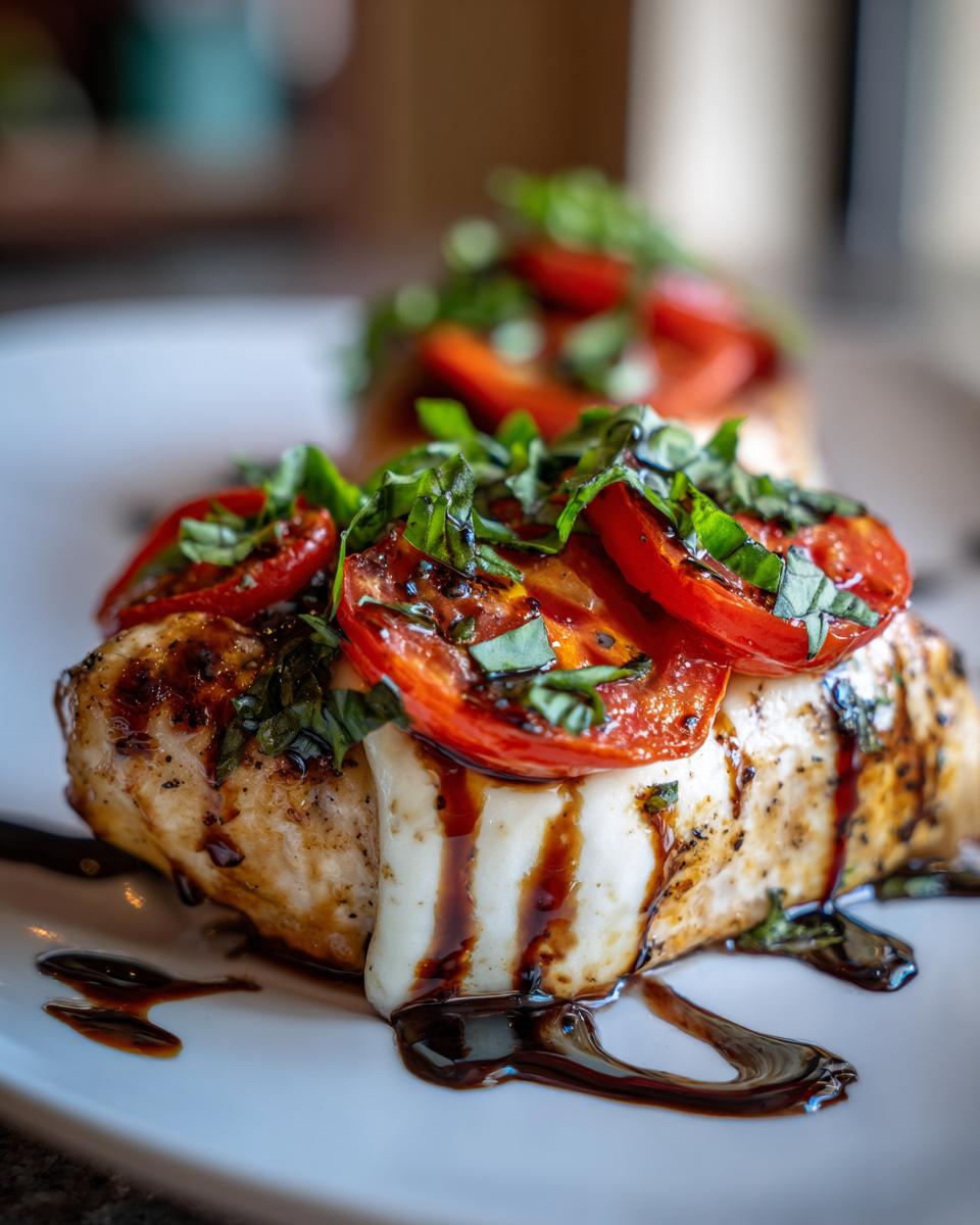 Close-up of a juicy Caprese chicken breast topped with melted mozzarella, sliced tomatoes, and basil, drizzled with balsamic glaze.