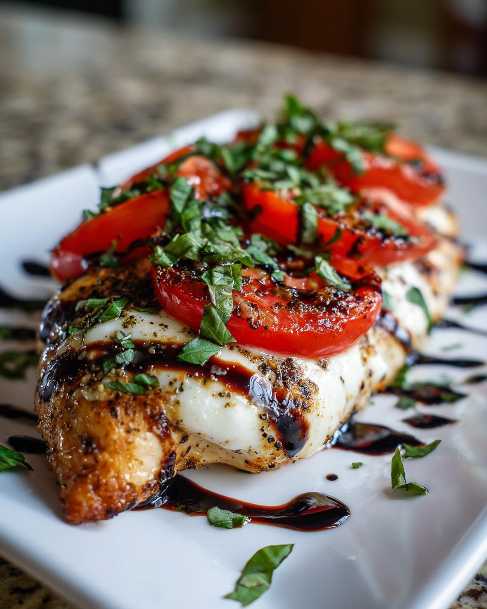 Close-up of a perfectly cooked Caprese chicken breast topped with melted mozzarella, tomatoes, and fresh basil.