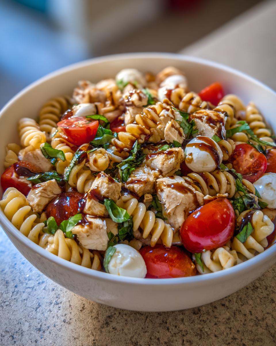 Close-up of a white bowl filled with caprese chicken pasta salad, featuring fusilli, chicken chunks, mozzarella balls, and tomatoes drizzled with balsamic glaze.