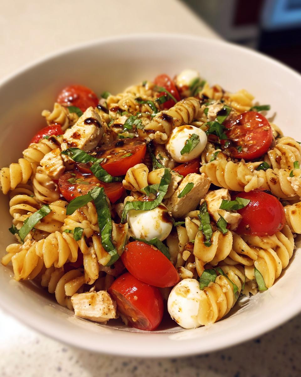Close-up of caprese chicken pasta salad featuring rotini, cherry tomatoes, mozzarella balls, and basil drizzled with balsamic.