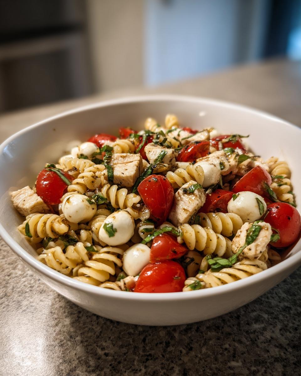 Close-up of a white bowl filled with caprese chicken pasta salad, featuring fusilli pasta, cherry tomatoes, mozzarella balls, and basil.